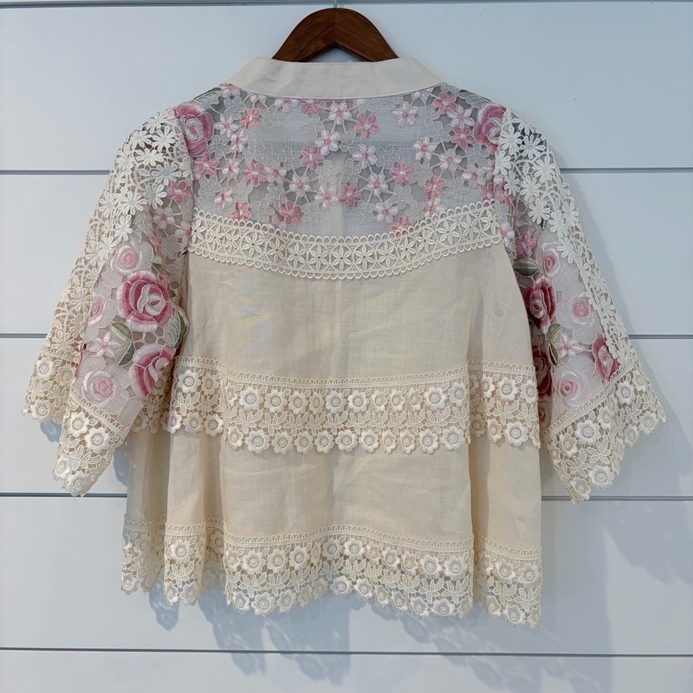 Vintage Lace Floral Blouse Fairycore Romantic Sheer Pink Roses S Coquette - Picture 3 of 5